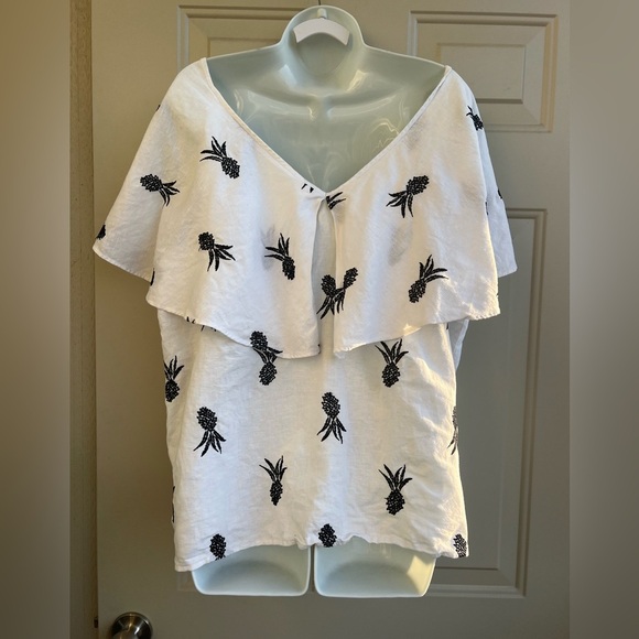 Ann Taylor White Flutter Sleeve Black Embroidered Blouse Linen Blend Size XXL - Picture 11 of 11